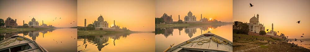 taj mahal india agra boat river water palace travel adventure warm evening sunset