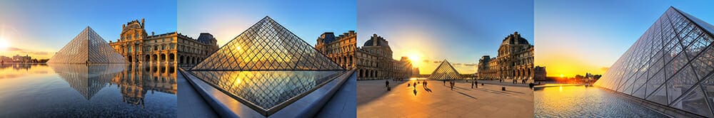 paris louvre musuem pyramid evening sunset glass reflection orange blue yellow europe travel photography