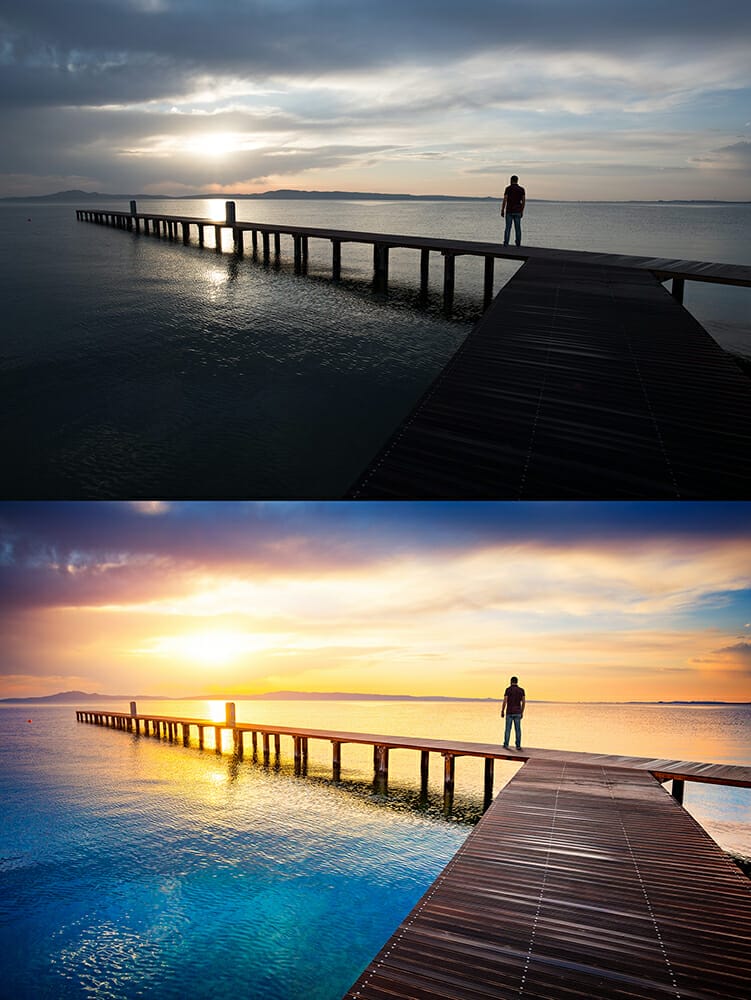 before after post production editing sky contrast colour pier man view water