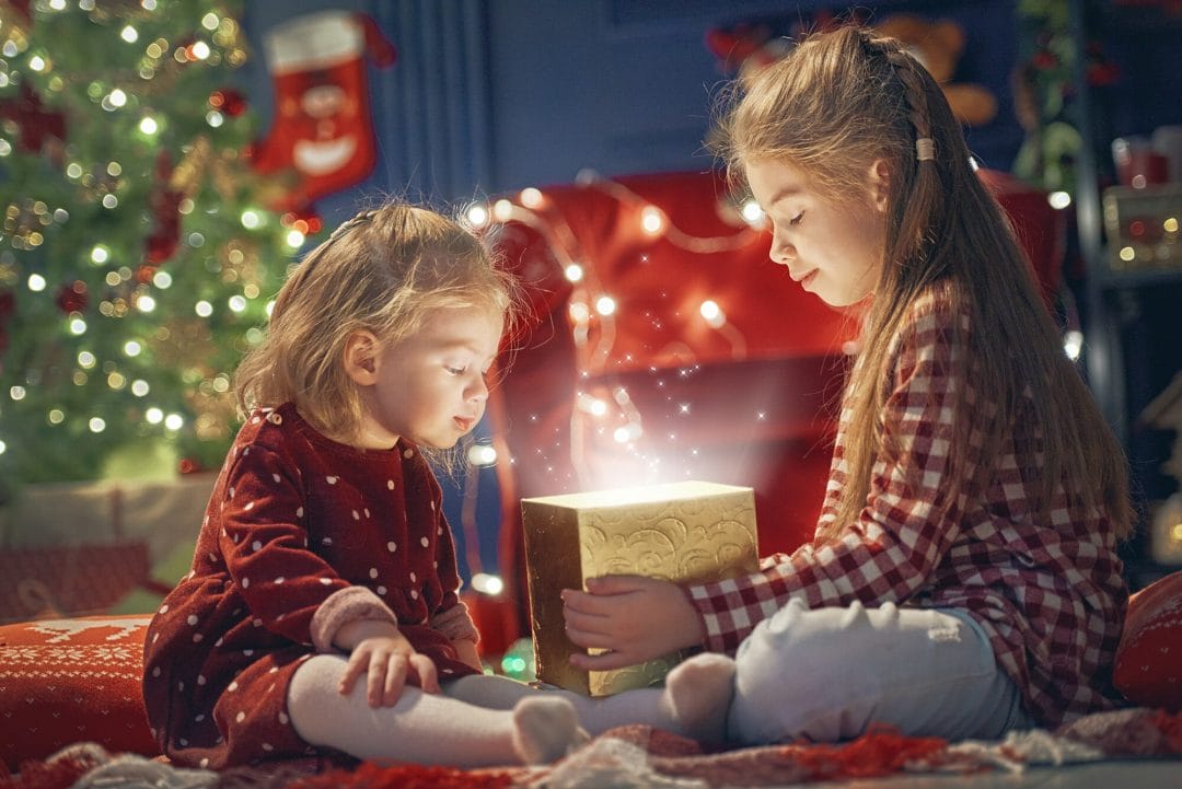 christmas children present glowing box light trick photography