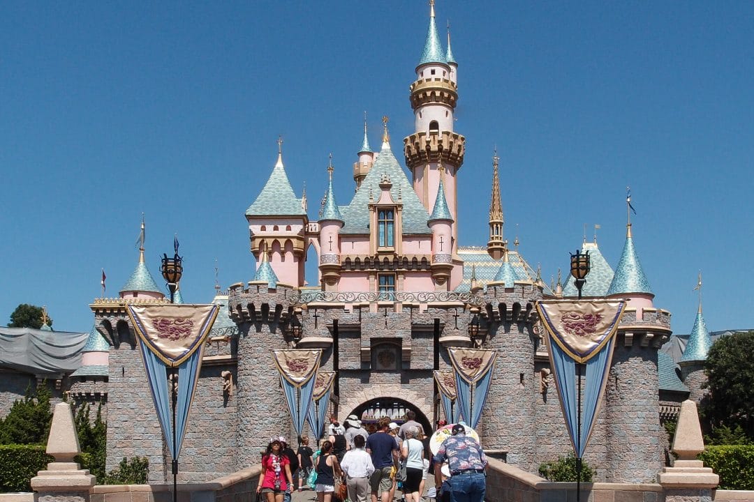Disneyland California USA Princess Castle Pink Tower Blue Turret tourist destination