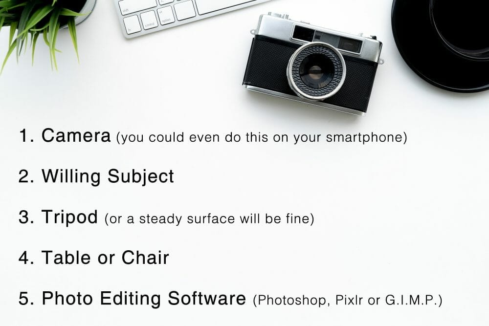 camera list flat lay table white black text writing plant green  Levitation photography