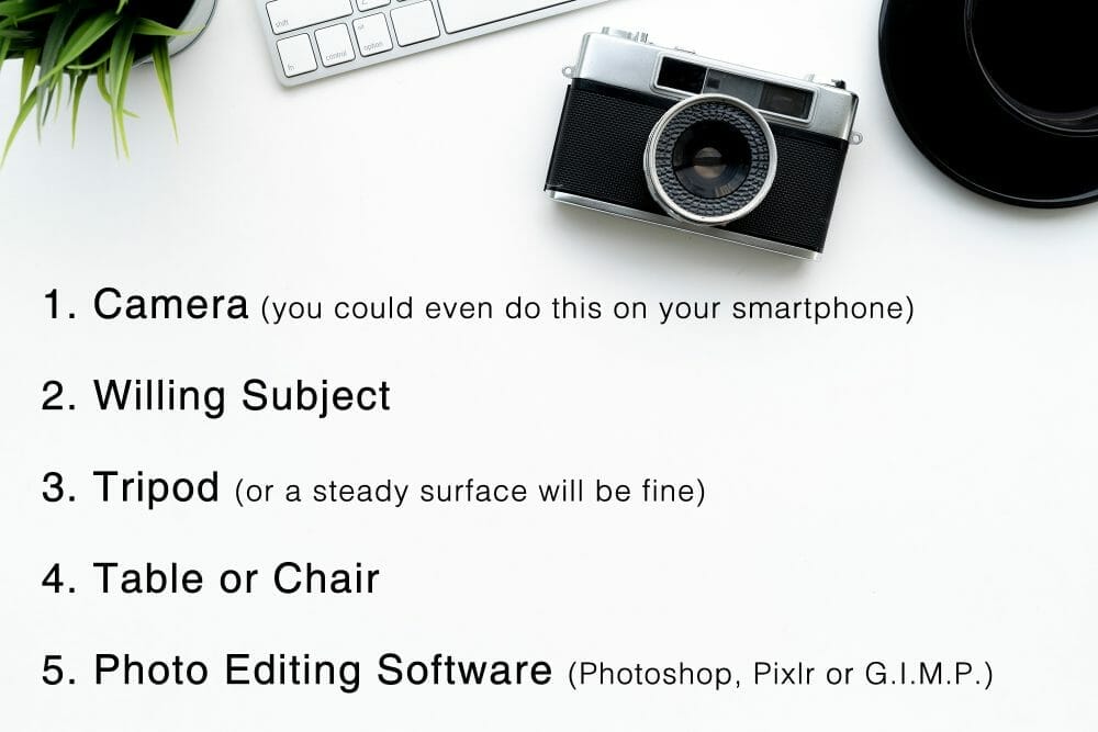 camera list flat lay table white black text writing plant green Levitation photography