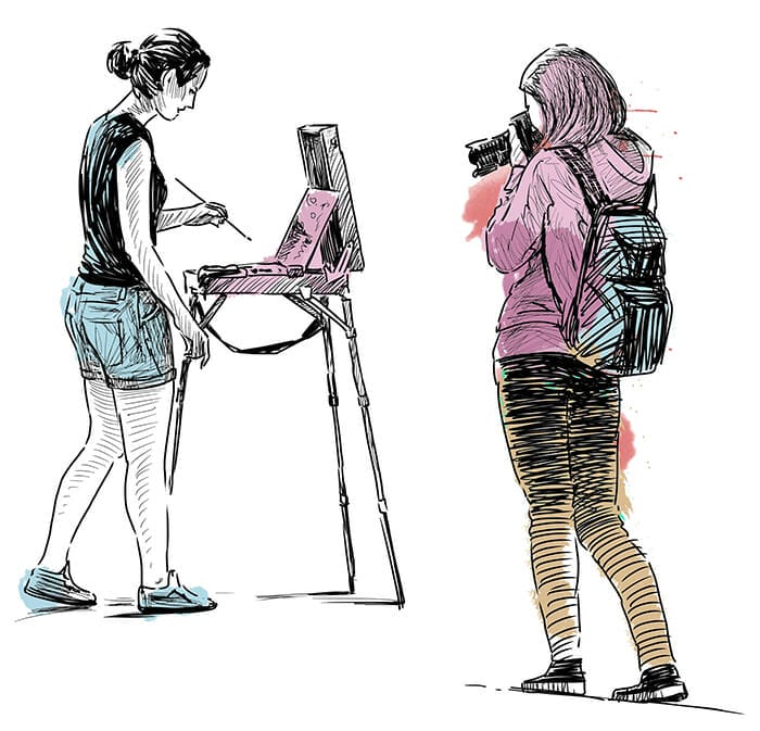 man taking photograph of lady in the street