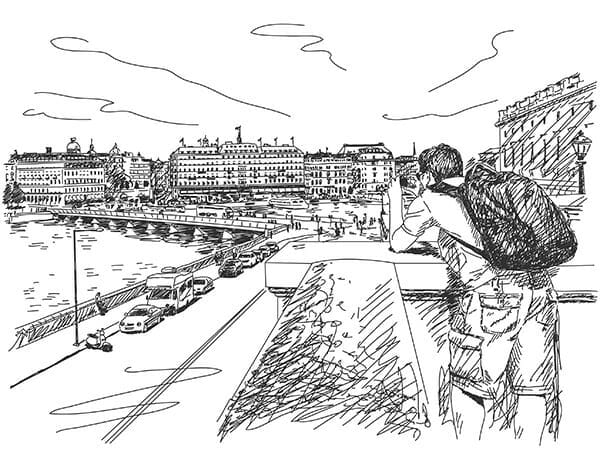 photographer taking picture of city hand drawn illustration