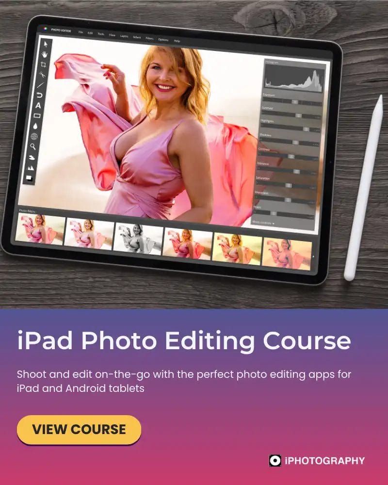 an ipad with photo editing software on screen next to a digital stylus pencil