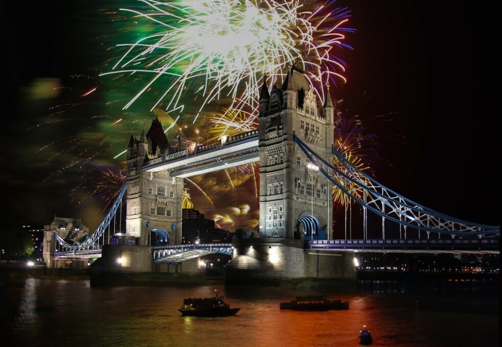 firework display over london tower bridge