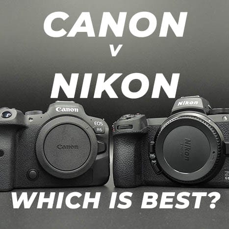 Nikon Z6 ii (version 2) vs Canon R6, camera confrontation and competition. Dark background. Who will win Canon or Nikon? The best mirrorless cameras from top brands.