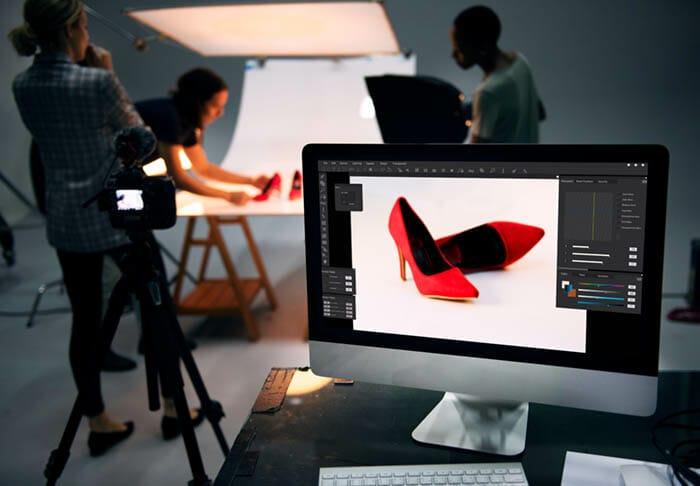Product,Photography,Shoot,Of,Shoes red shoes on a computer screen in a photography studio