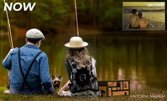 A couple sat facing away from the camera on a riverbank with fishing rods