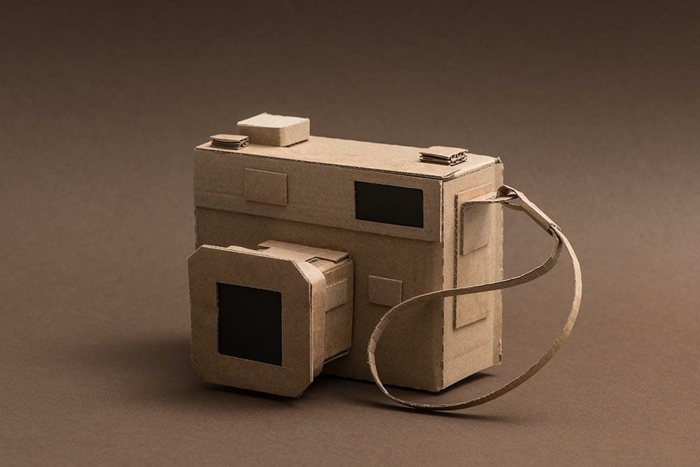 Creative handmade camera made from recycled cardboard, crafts and creativity concept