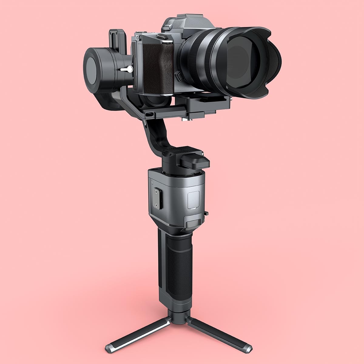 3-axis gimbal stabilization system with silver nonexistent mirrorless camera isolated on pink background. 3D rendering and illustration of professional photography equipment for streaming