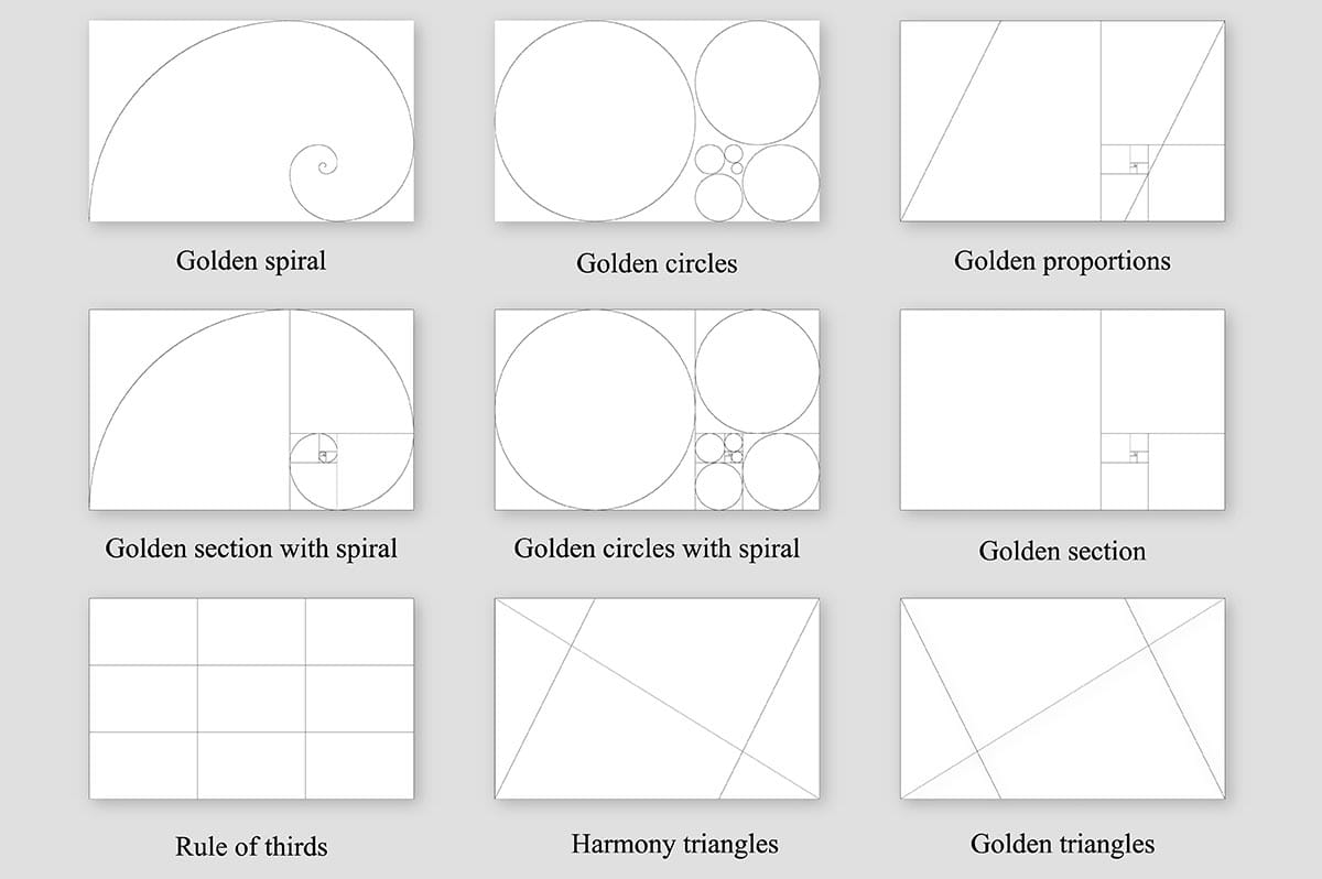 Golden proportions set . Golden section ration , rule of thirds and Fibonacci spiral