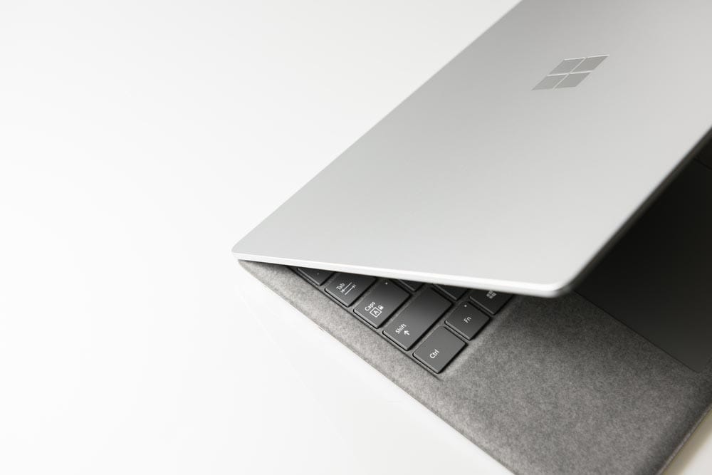 Close-up top view of Surface Laptop 3 platinum Color by Microsoft on white background
