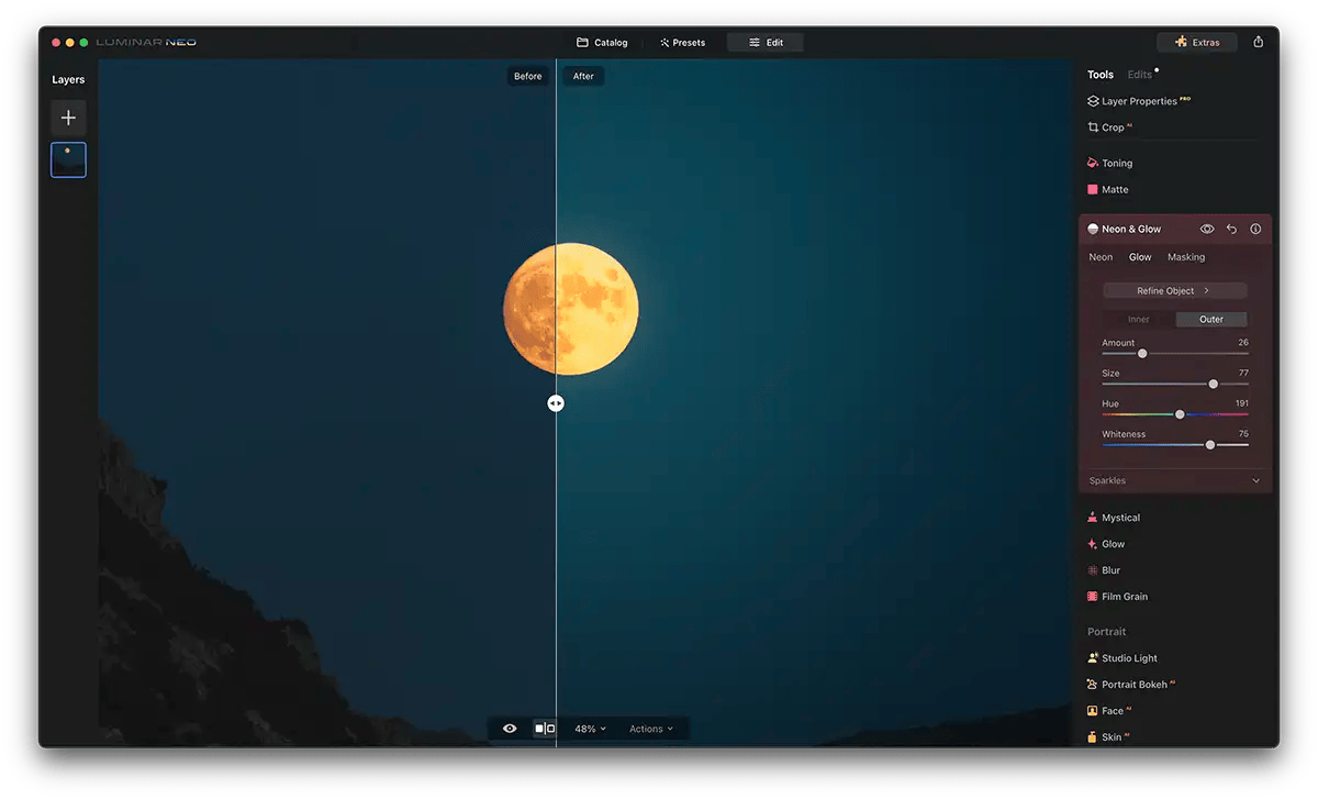 Screenshot of Luminar Neo Neon Glow Effect with a moon
