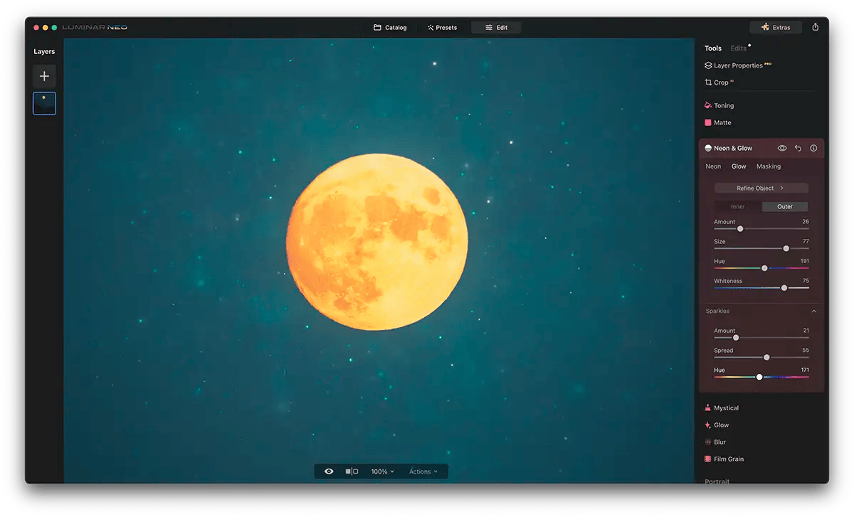 Screenshot of Luminar Neo Neon Glow Effect with a moon
