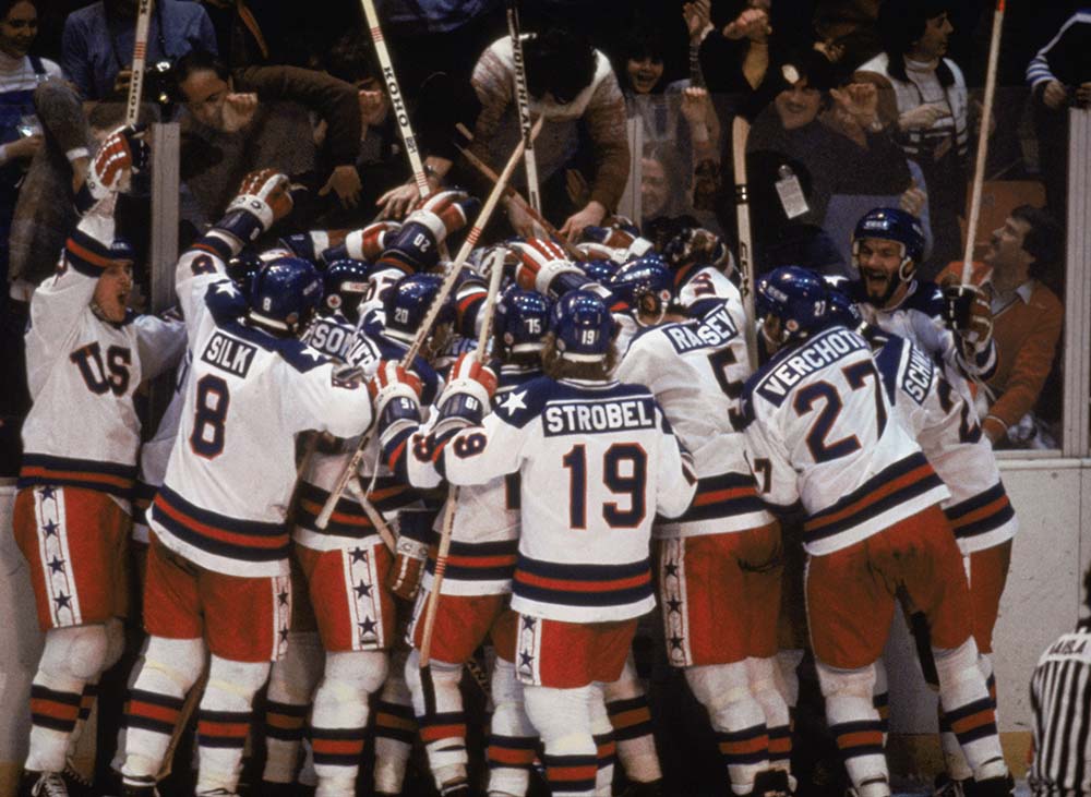 USA ice hockey team celebrating the miracle on ice