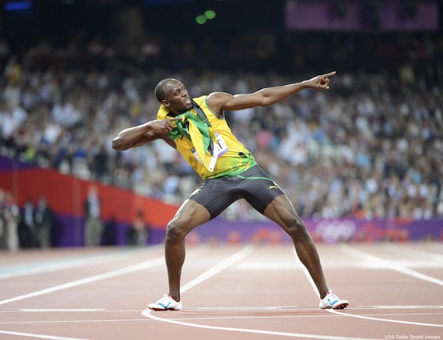 Aug 9, 2012; London, United Kingdom; Usain Bolt (JAM) celebrates after winning the gold in the men's 200m final during the London 2012 Olympic Games at Olympic Stadium. Mandatory Credit: Robert Deutsch-USA TODAY Sports
