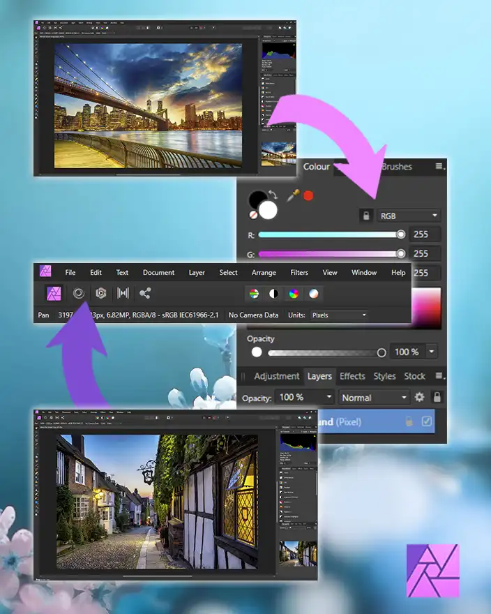 A screenshot of Affinity Photo Panels with arrows