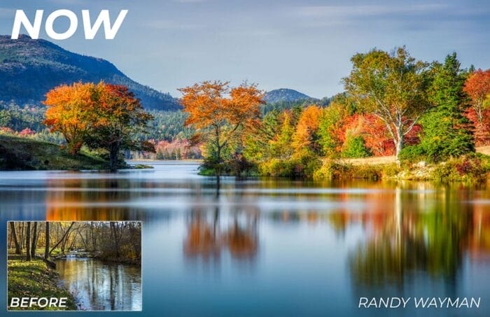 an autumnal view of orange and yellow and green trees around a lake