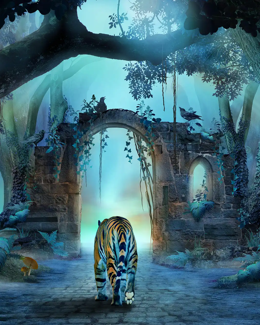 A tiger walking away through an arch in a jungle