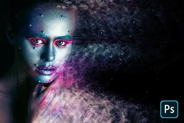 a sci-fi style photo of a female with blue skin breaking apart into dust