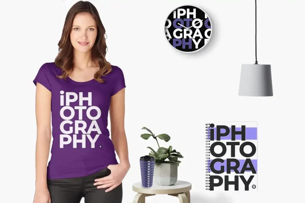 a lady wearing a purple iPhotography tshirt in a room with a clock, lamp, and pot plant