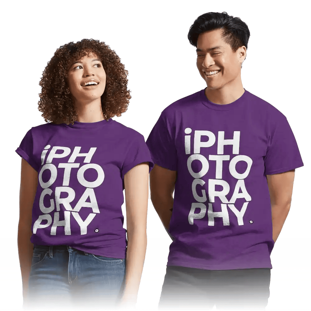 a man and a woman wearing purple iPhotography branded t-shirts