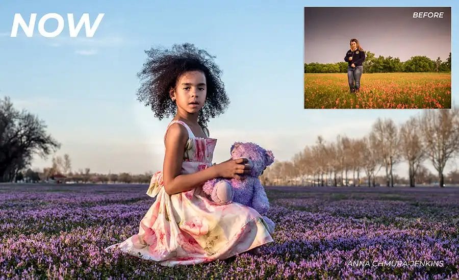 a young child holding a teddy bear in a lavender field