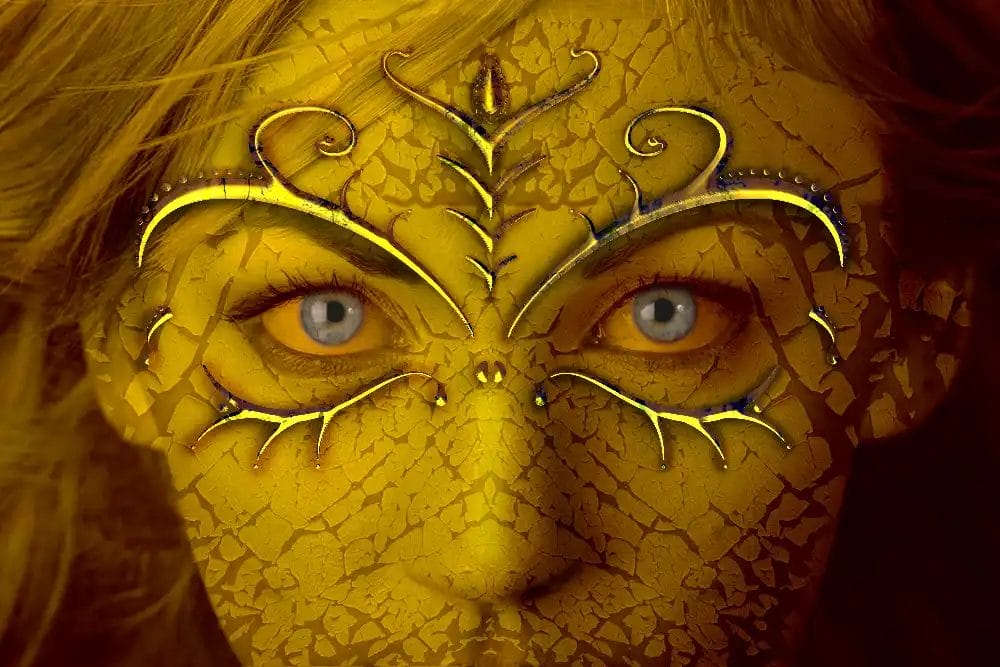 a woman with yellow skin with a metal eye mask