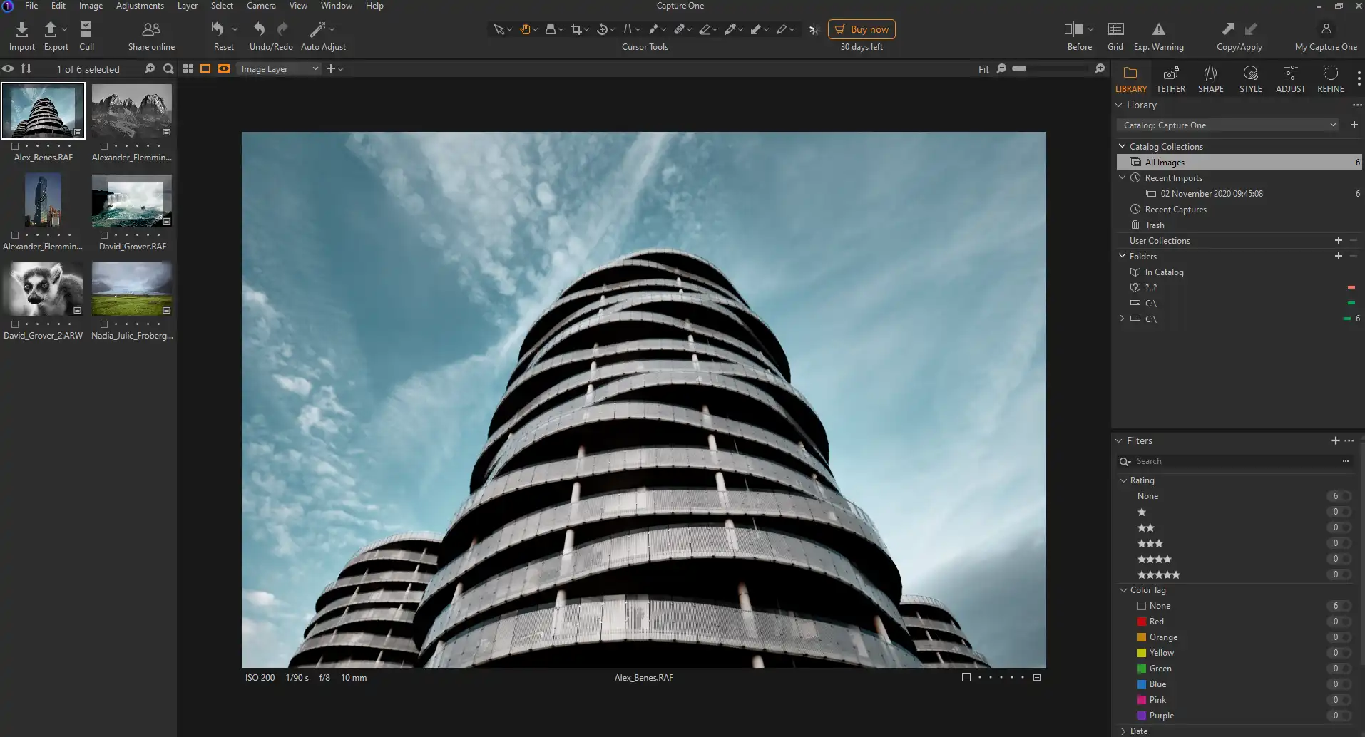 Capture One Photo Editor interface with photo of a circular building from low angle