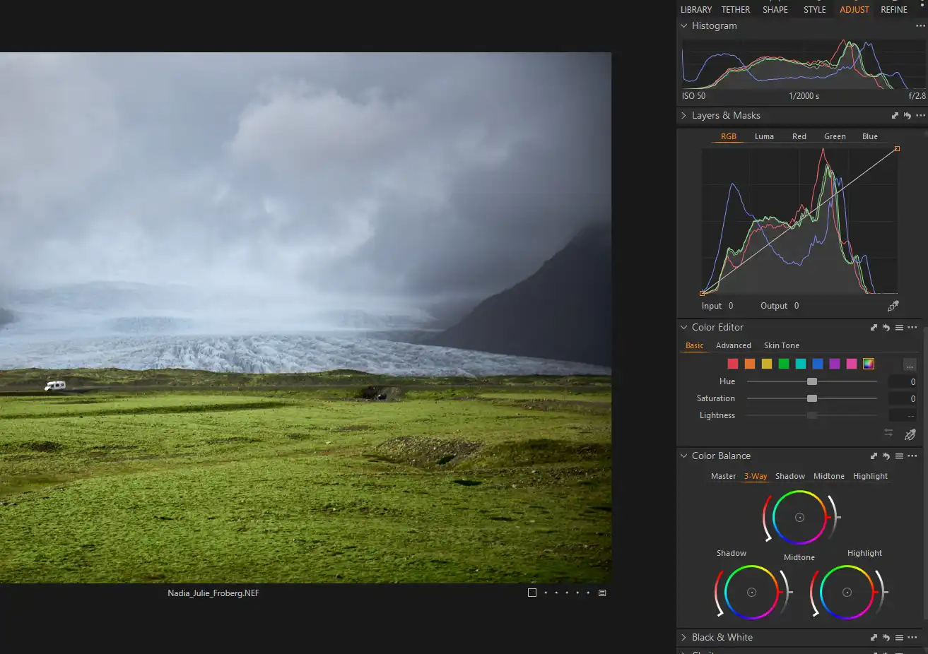 Capture One Photo Editor colour editor screenshot next to a photo of an Icelandic glacier