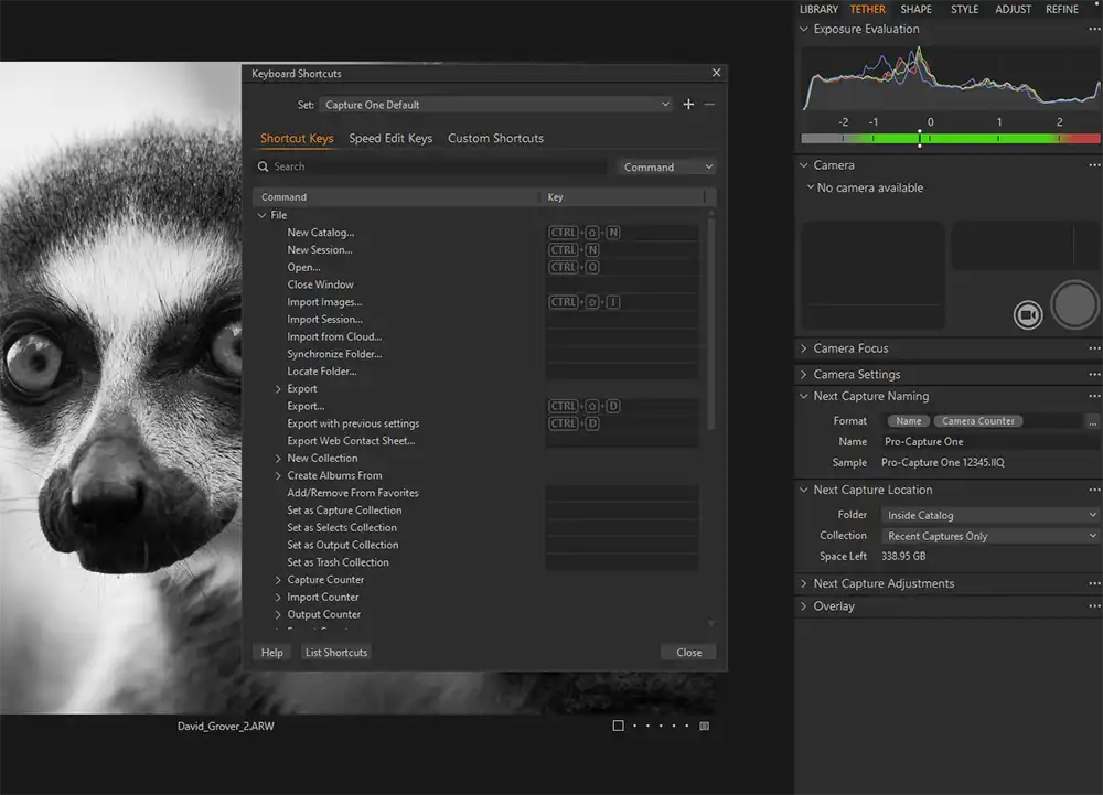 Capture One Photo Editor keyboard shortcut screenshot
