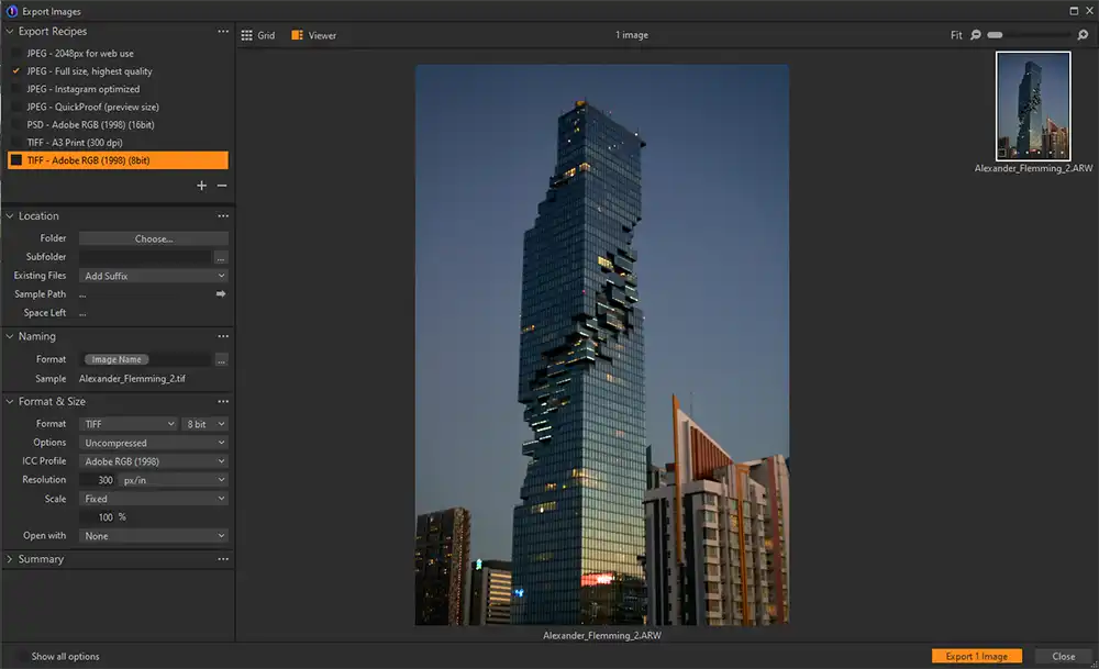 Capture One Photo Editor interface with a photo of a skyscraper at night time