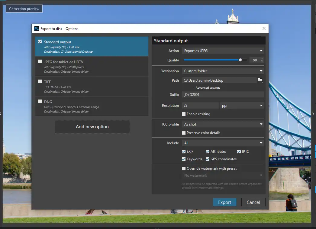 DxO PhotoLab7 screenshot of export to disk options