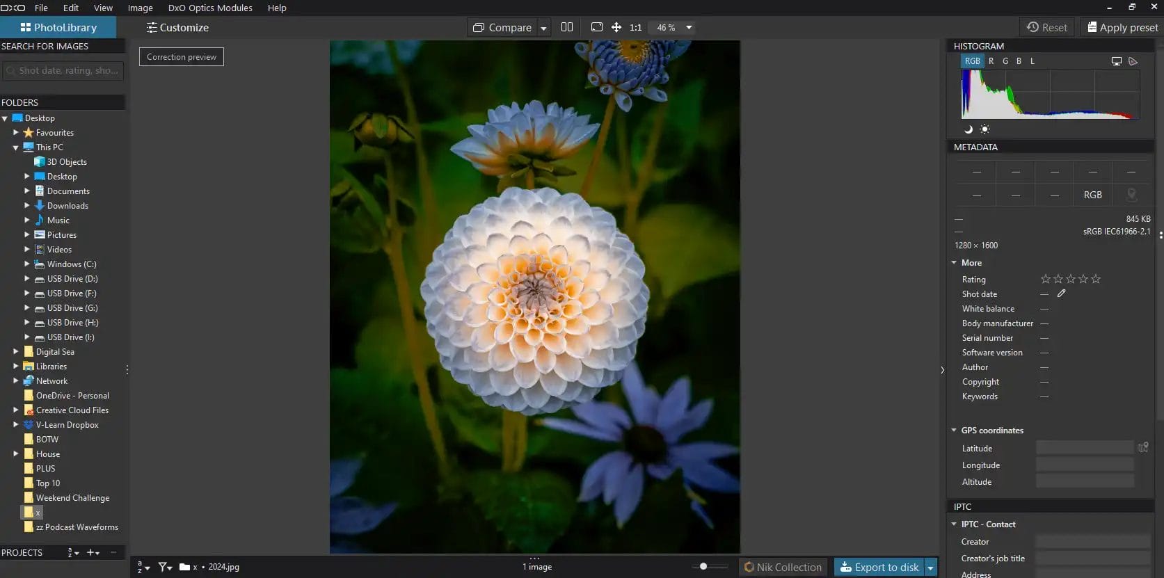 DxO PhotoLab7 interface with a photo of a flower