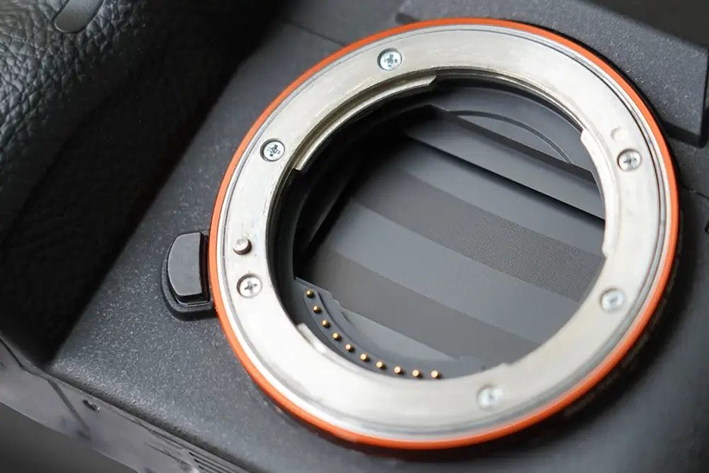 a close up of the shutter cover on a Sony alpha camera