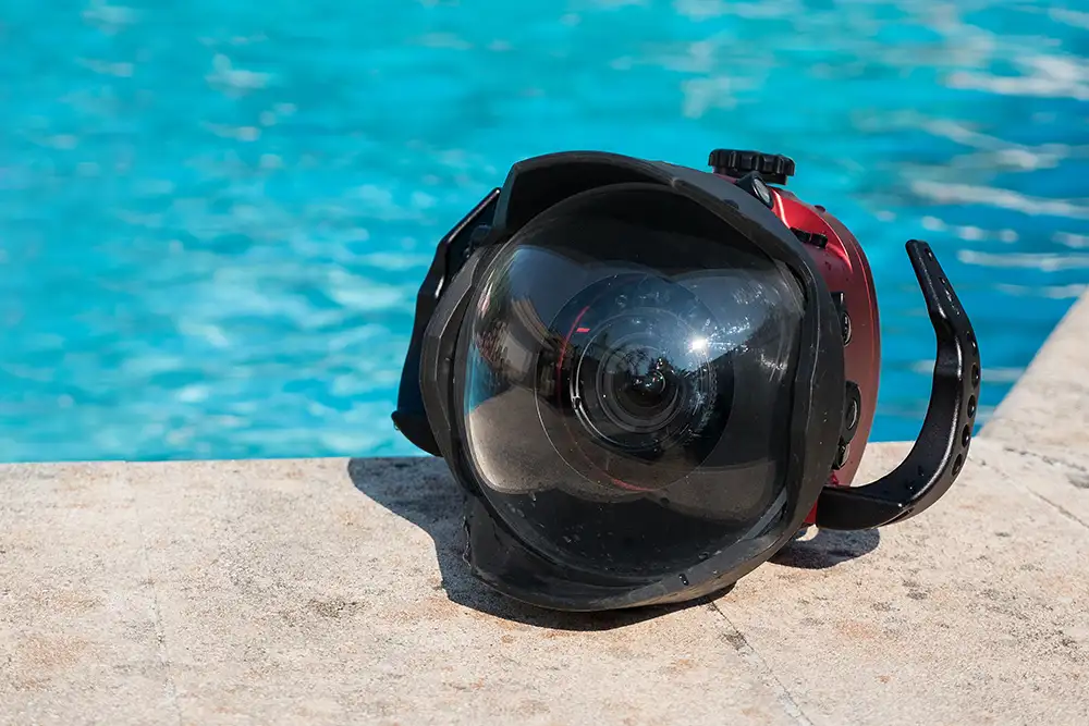 The housing shell for an underwater camera on the side of a swimming pool