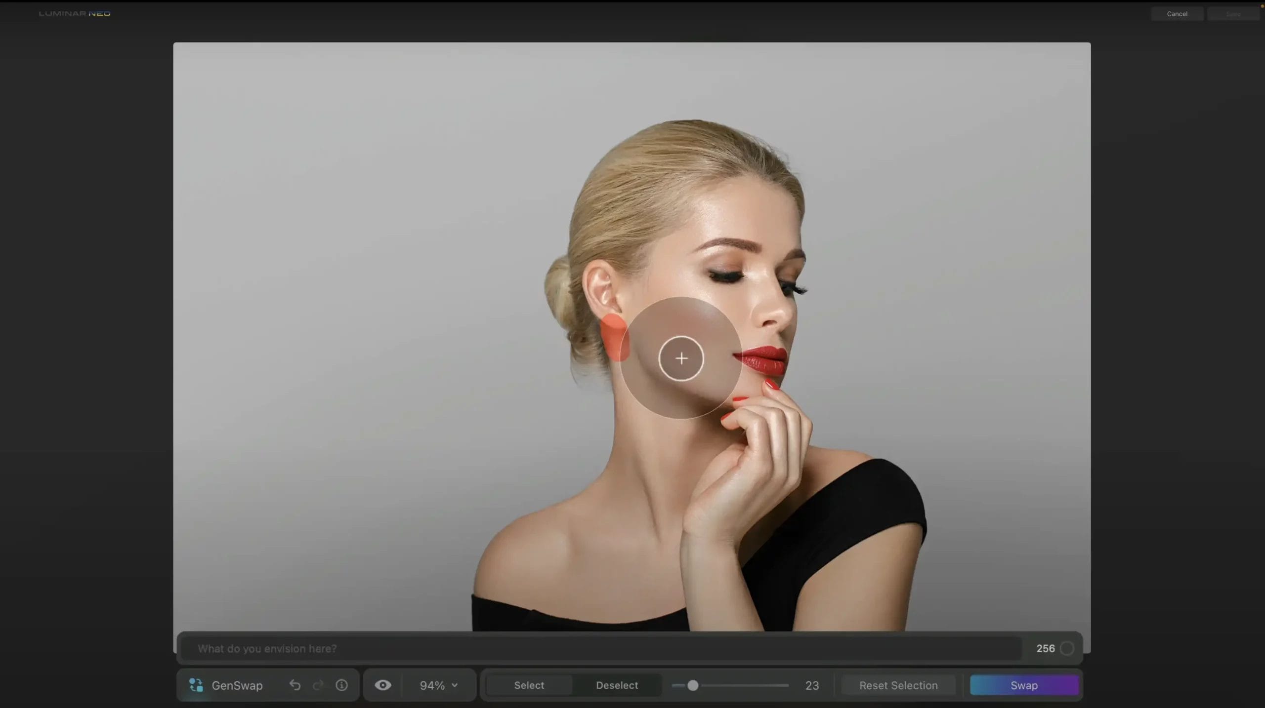 Portrait of a blond female with red lips in a black dress in Luminar Neo