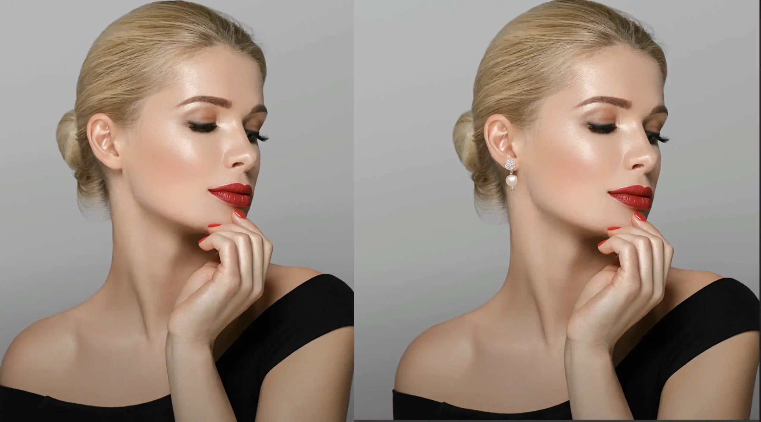 Portrait of a blond female with red lips in a black dress in Luminar Neo