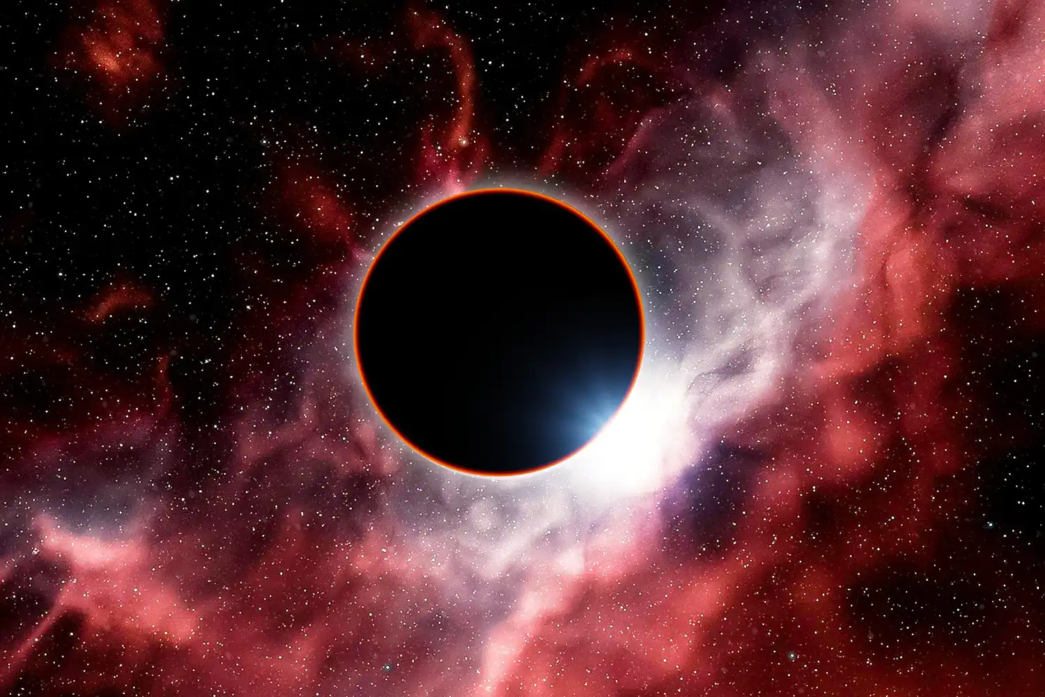 a Solar Eclipse with edited background of a red galaxy
