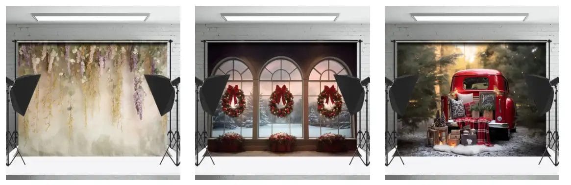 3 different photography backdrop designs. Floral hangings, 3 window bays with christmas wreaths and the back of a red truck with winter homeware on. Copyright Lofaris