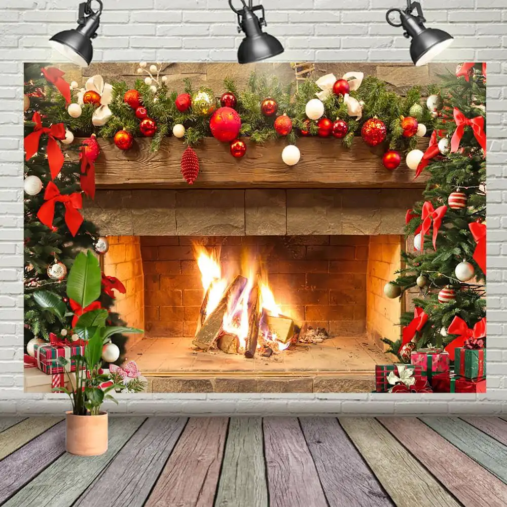 Christmas themed fireplace photography backdrop by Lofaris backdrops