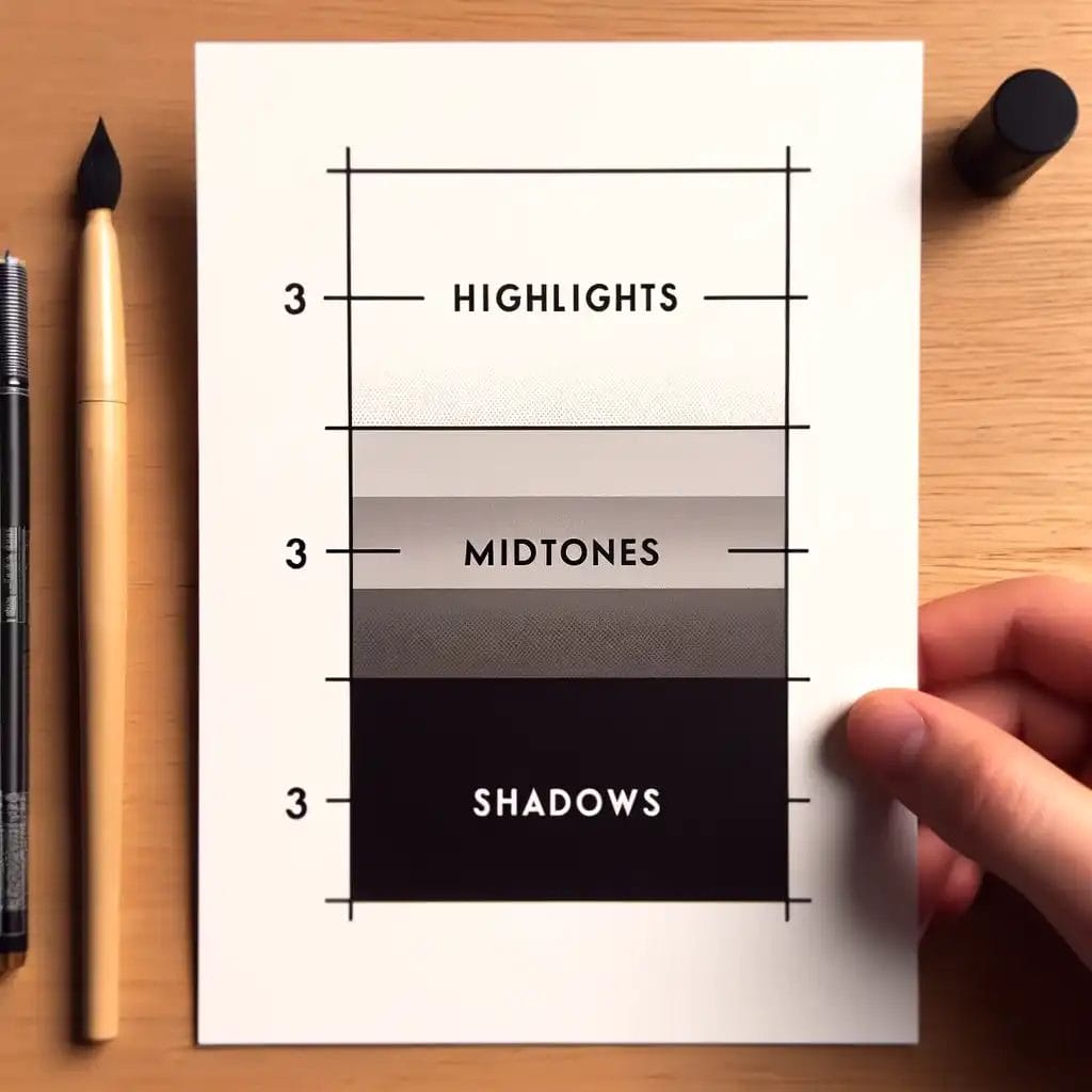 a chart being held in a hand above a table next to a pencil showing tonal values of highlights, midtones and shadows