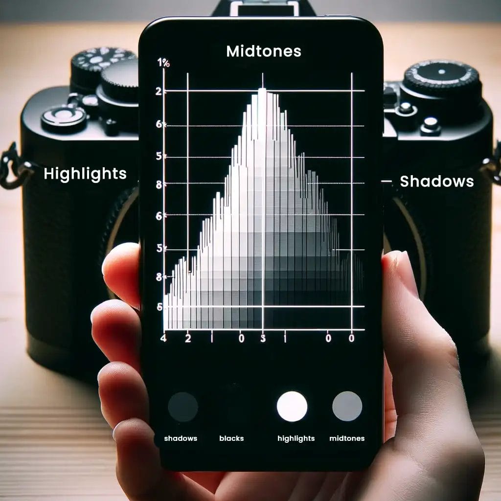 a hand holding a phone in front of a camera on the screen of the phone is a histogram
