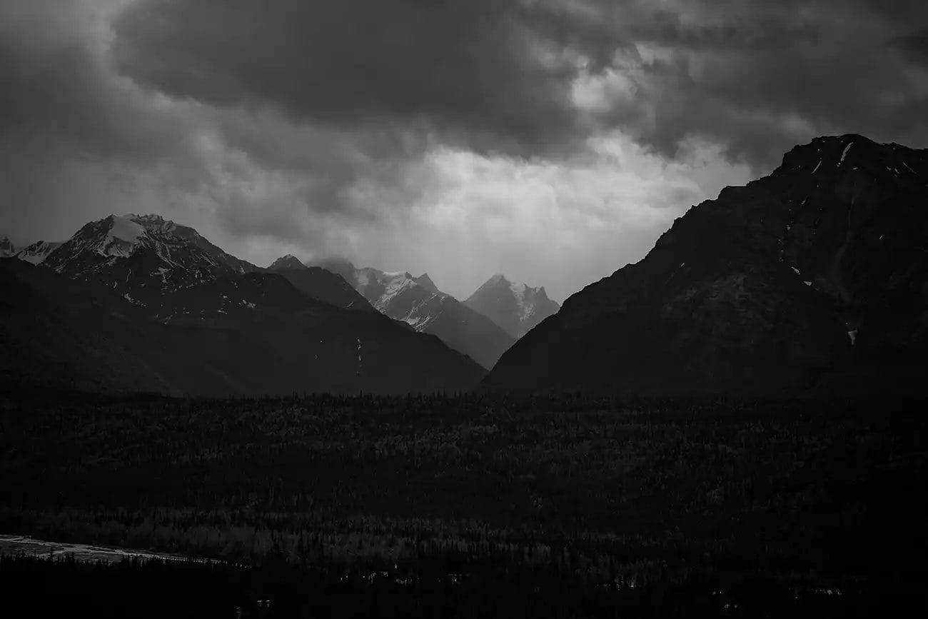 a black and white photo of mountains